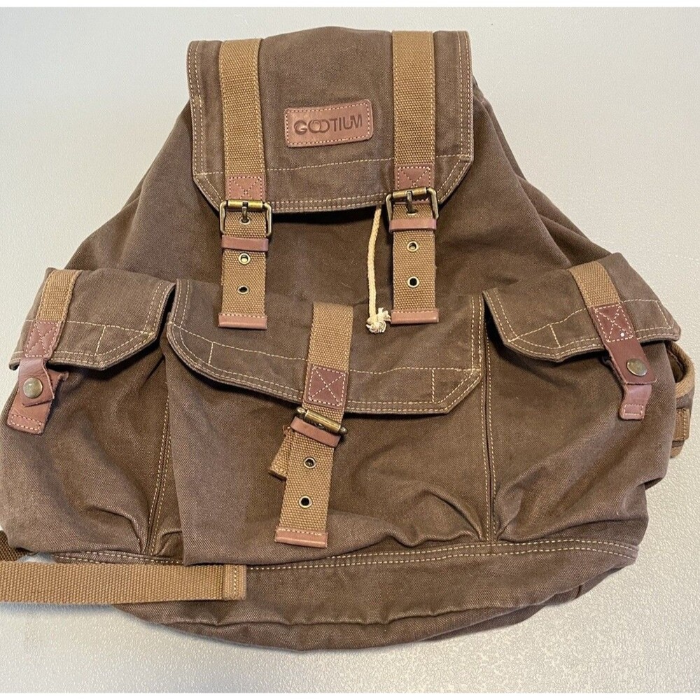 Gootium Canvass Leather Hiking Backpack Large Brown Brassy Snap & Buckle Travel